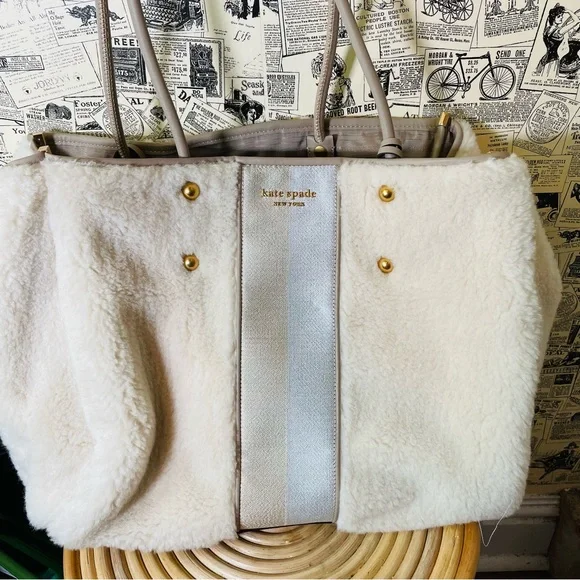 🆕 Kate Spade Everything Racing Stripe Faux Shearling Large Tote Cream Multi Bag